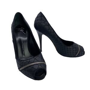 Giuseppe Zanotti Black Snakeskin Peep Toe Heels, Size 8, Zipper Detail Pumps
